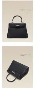 Zwarte lederen tas met handvat in detail, klassiek ontwerp met metalen sluiting.