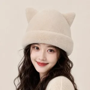 Lindo gorro de peluche con orejas de gato para mujer, gorro de invierno cálido estilo coreano.