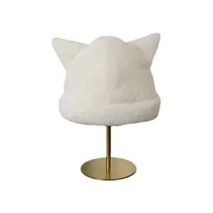 Invierno suave sombrero peluche orejas de gato, lindo sombrero pescador de piel mujer.