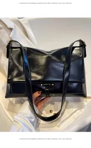 Classic black genuine leather shoulder bag, large capacity glossy underarm messenger bag.