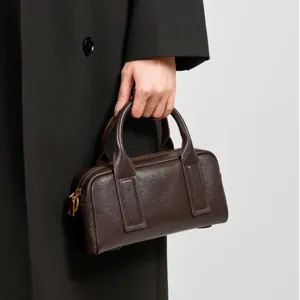 Women Genuine Leather Boston Bag Retro Top Layer Cowhide Handbag Fashion Casual Crossbody Bowling Bag Small Satchel