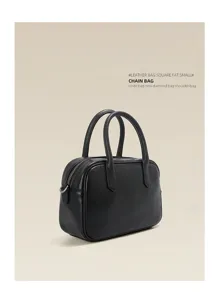 Black leather Boston handbag for women, vintage shoulder crossbody bag with top handles.