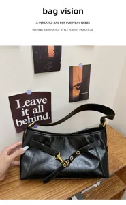 Black leather shoulder bag for women, stylish underarm bag with metal buckle and daily strap.