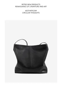 Black leather bucket bag, vintage minimalist commuter shoulder bag, large capacity tote.
