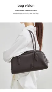 Women brown top layer cowhide bowling bag stylish long handle shoulder underarm bag
