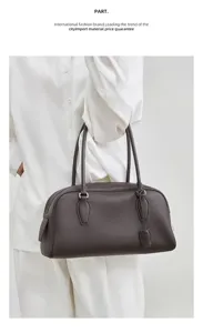 Women's Top Layer Cowhide Bowling Bag Classic Boston Shoulder Bag Dark Grey Minimalist Style