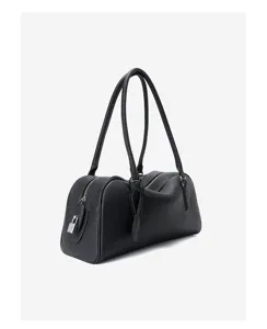 Black leather bowling bag detail showing long shoulder handles and a metal padlock.