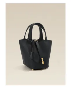 Black top layer cowhide leather bucket handbag classic commuting casual tote bag for women