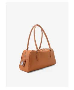 Minimalist brown leather Boston shoulder bag for women, large capacity chic underarm pillow bag.