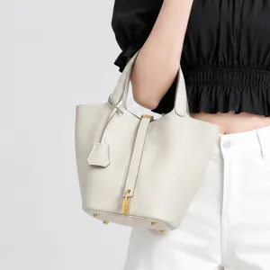 Women Genuine Leather Bucket Bag Casual Commuter Top Handle Handbag Minimalist Solid Color Small Tote Bag With Lock