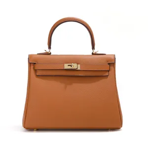 Luxe rundleer Kelly handtas elegante dames schoudertas crossbody tas bruin stijl.
