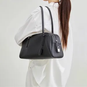 Women Genuine Leather Boston Bag Large Capacity Commute Shoulder Bag Retro Top Handle Pillow Bag Casual Satchel