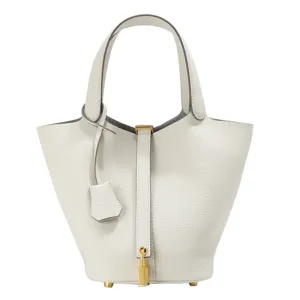 Genuine leather bucket handbag for women, stylish tote bag with padlock design, casual commuting.