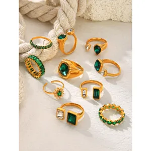 Bague Ouverte Vintage en Acier Inoxydable pour Femme Plaqué Or Strass Vert Émeraude Géométrique Bijou de Doigt