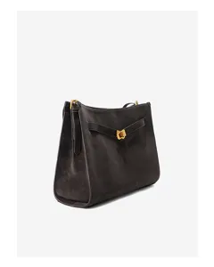 Dark brown leather shoulder bag detail, retro cowhide underarm handbag close-up.