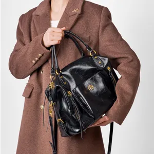 Large Capacity Boston Bag Genuine Leather Women Handbag Commuting Motorcycle Bag Solid Color Belt Decoration Shoulder Bag