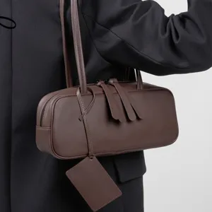 Women Genuine Cowhide Leather Boston Bag Retro Large Capacity Underarm Bowling Pillow Bag Casual Handbag Shoulder Bag