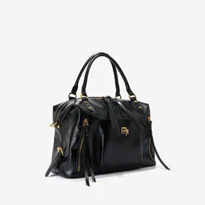 Large capacity genuine leather Boston bag for women, stylish tote and motorcycle handbag.