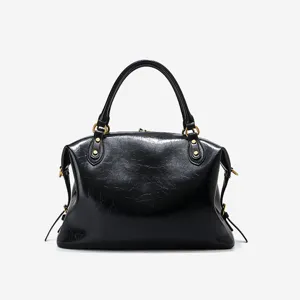 Black vintage genuine leather Boston bag classic women handbag commuting bowler bag top handle