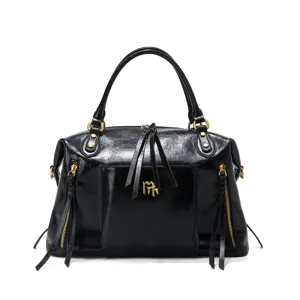 Black leather Boston bag for women, vintage bowling handbag, commuter motorcycle tote bag.