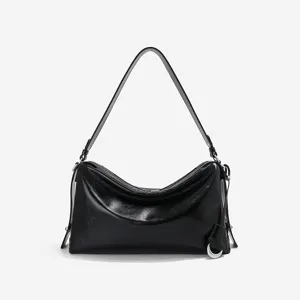 Genuine Leather Underarm Bag For Women Vintage Hobo Baguette Bag Casual Commuter Solid Color Shoulder Tote Bag