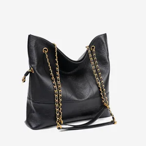 Genuine Leather Tote Bag For Women Large Capacity Quilted Chain Shoulder Bag Soft Cowhide Commuter Handbag Bucket Bag