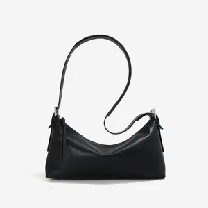Klassieke zwarte lederen hobo tas voor dames, retro schoudertas met verstelbare riem.