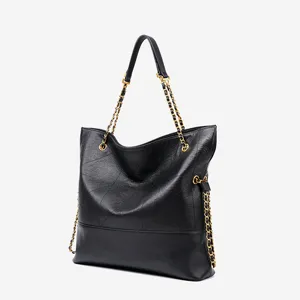 Black genuine leather tote bag for women, large capacity shoulder bag with chain straps.