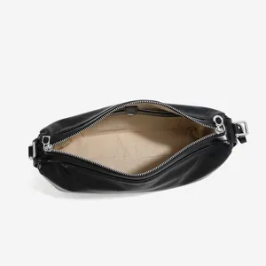Black leather shoulder bag for women, versatile hobo baguette bag top zip closure daily commuting.