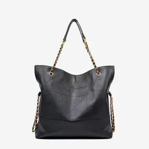 Black genuine leather tote bag for women large capacity shoulder bag with gold chain straps