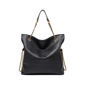 Elegant black genuine leather tote bag with chain straps for women, large capacity.