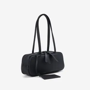 Elegant black leather shoulder bag for women, classic underarm boston bag with dual straps.
