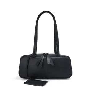 Black genuine leather shoulder bag, large capacity underarm pillow bag with double straps.