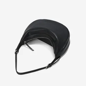 Classic black leather crescent hobo shoulder bag, large capacity commuter underarm bag for women.