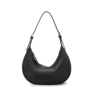 Black crescent hobo shoulder bag for women, stylish minimalist commuter daily handbag.