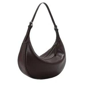 Elegant brown leather crescent hobo shoulder bag for women, stylish minimalist daily commute.