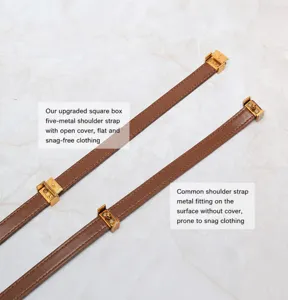 Leather crossbody bag strap detail showing premium square metal buckle design and fine stitching quality.