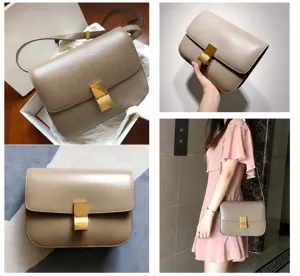 Classic leather crossbody bag with metal clasp, elegant milk tea color for daily commute.