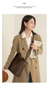 Stylish brown leather bucket bag for women, large capacity casual crossbody shoulder handbag.