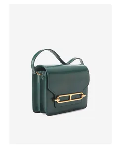 Dark green patent leather shoulder bag with chic metal link clasp for women daily commute style.