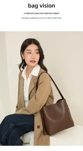 Genuine leather bucket bag for women, large capacity shoulder bag and casual commuter tote style.