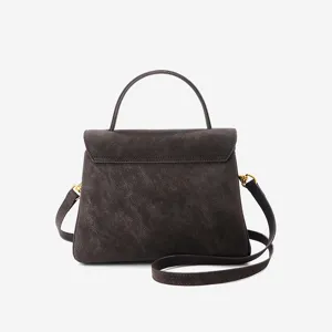 Dark brown leather Kelly shoulder bag for women, retro top handle crossbody work tote bag.