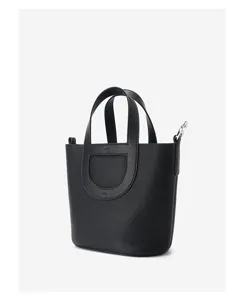 Black leather bucket bag with top handles and pebbled texture for women daily casual use.