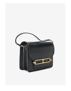 Classic black glossy leather crossbody bag with elegant gold hardware closure for women.