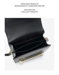 Black glossy cowhide leather shoulder bag, chic commute cross-body square bag with gold hardware.