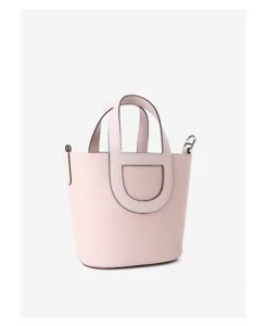 Detail shot of pink togo leather bucket bag with distinctive handle and hardware.