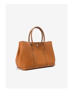 Brown genuine leather garden tote bag for women, classic minimalist commuting handbag.