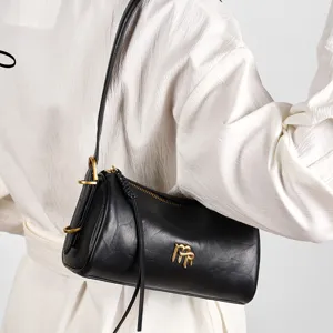 Top layer cowhide shoulder bag women high-end underarm cylinder baguette bag commute