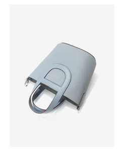 Classic blue leather bucket bag with top handle, premium grain cowhide fashion handbag.