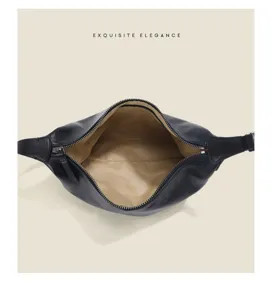 Black genuine leather hobo shoulder bag detailed view, showcasing spacious interior and soft lining.